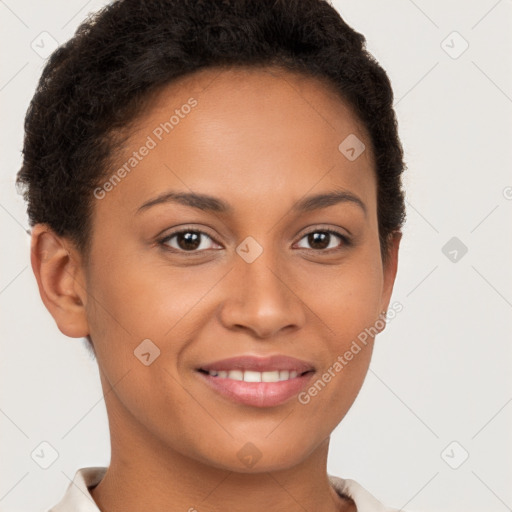 Joyful latino young-adult female with short  brown hair and brown eyes