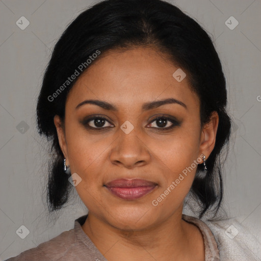 Joyful black young-adult female with medium  black hair and brown eyes