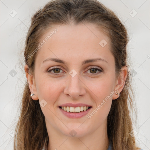 Joyful white young-adult female with long  brown hair and grey eyes