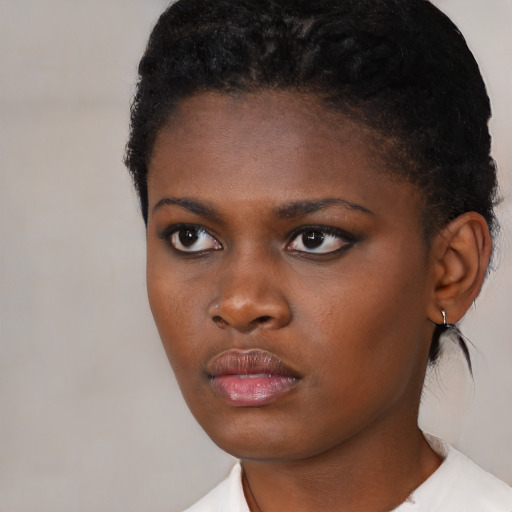 Neutral black young-adult female with short  black hair and brown eyes