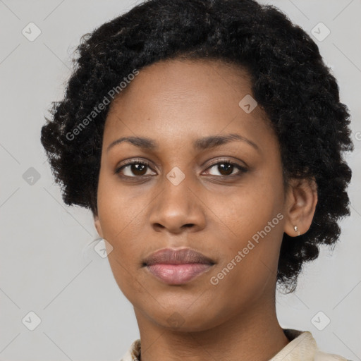 Neutral black young-adult female with short  black hair and brown eyes