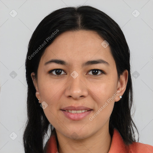 Joyful asian young-adult female with medium  black hair and brown eyes