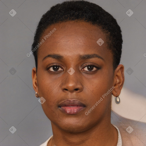 Neutral black young-adult female with short  brown hair and brown eyes