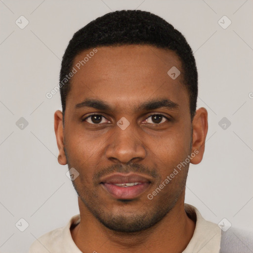 Neutral black young-adult male with short  black hair and brown eyes