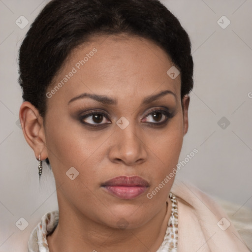 Joyful latino young-adult female with short  brown hair and brown eyes