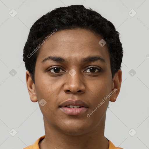 Neutral latino young-adult female with short  brown hair and brown eyes