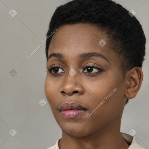 Neutral black young-adult female with short  black hair and brown eyes