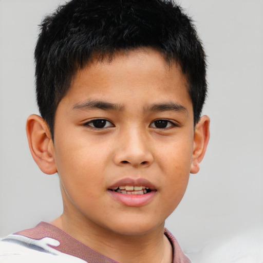 Joyful asian child male with short  brown hair and brown eyes