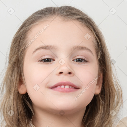 Joyful white child female with medium  brown hair and brown eyes