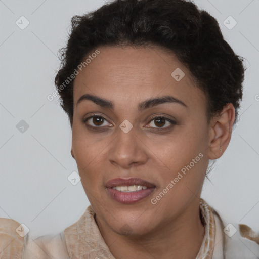 Joyful latino young-adult female with short  brown hair and brown eyes