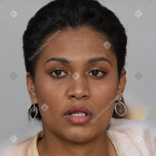Neutral black young-adult female with short  brown hair and brown eyes