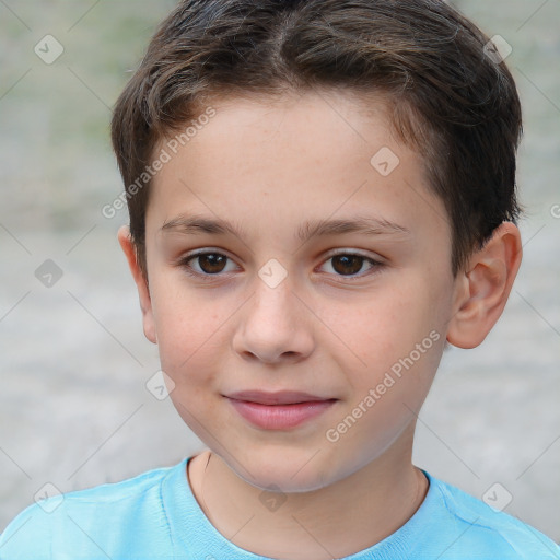 Joyful white child male with short  brown hair and brown eyes