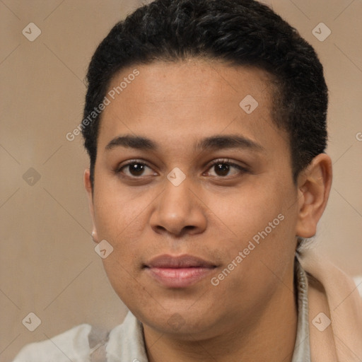 Joyful white young-adult male with short  black hair and brown eyes