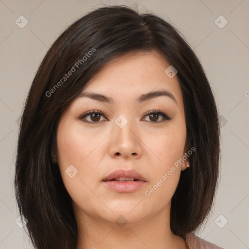 Neutral asian young-adult female with medium  brown hair and brown eyes