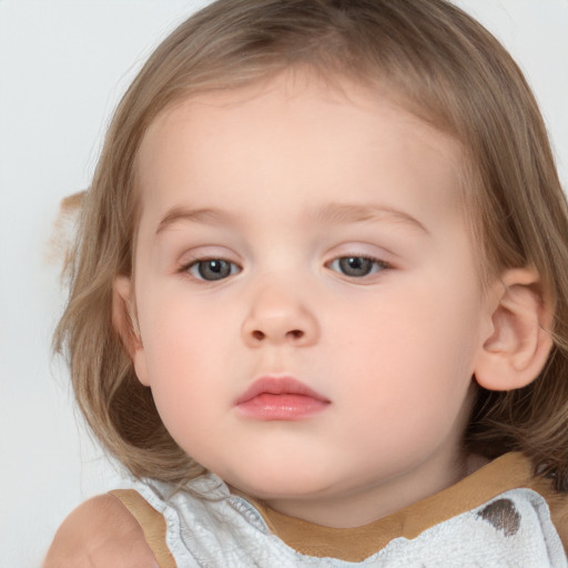 Neutral white child female with medium  brown hair and blue eyes