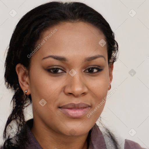 Joyful latino young-adult female with medium  brown hair and brown eyes