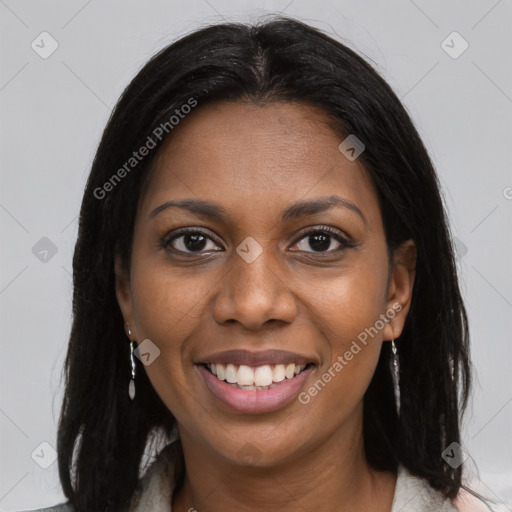 Joyful black young-adult female with medium  brown hair and brown eyes