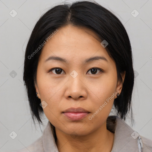 Neutral asian young-adult female with medium  black hair and brown eyes