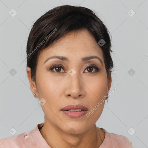 Neutral asian young-adult female with short  black hair and brown eyes