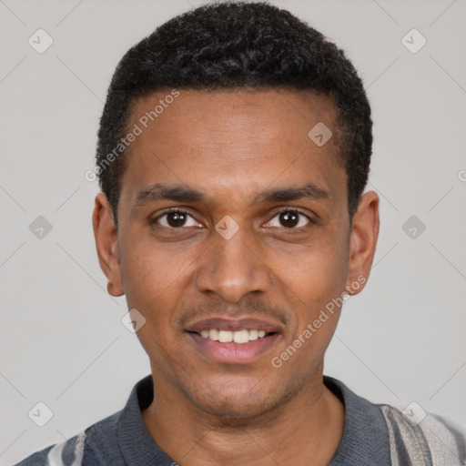 Joyful black young-adult male with short  black hair and brown eyes