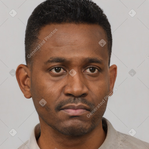 Neutral black young-adult male with short  black hair and brown eyes