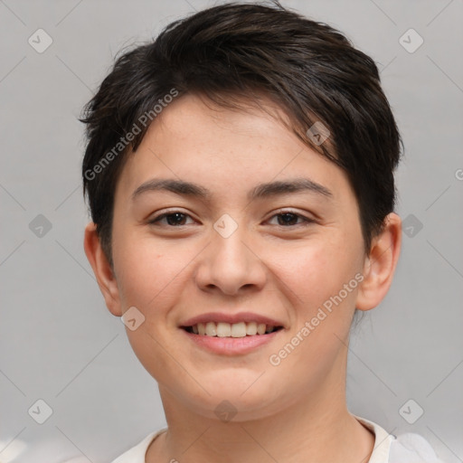 Joyful white young-adult female with short  brown hair and brown eyes