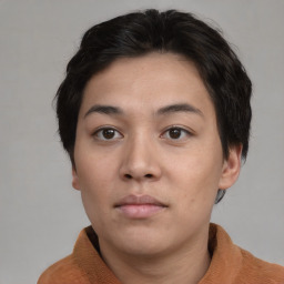 Neutral asian young-adult female with short  brown hair and brown eyes