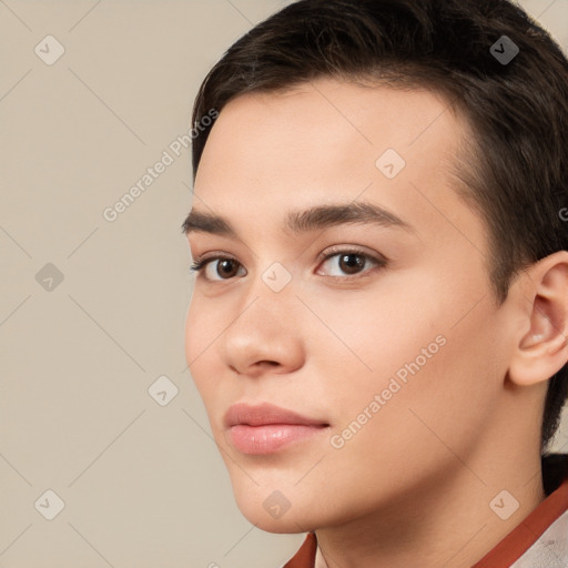 Neutral white young-adult female with short  brown hair and brown eyes