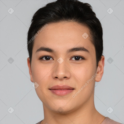 Joyful asian young-adult male with short  brown hair and brown eyes