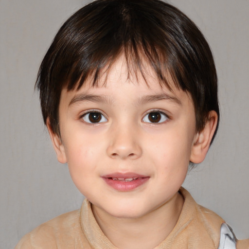 Joyful white child female with medium  brown hair and brown eyes