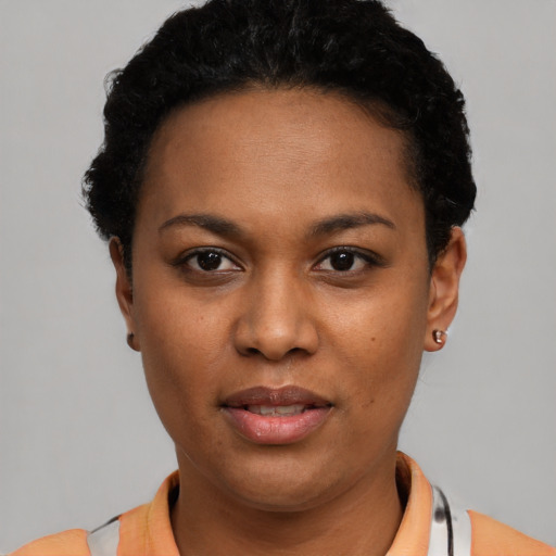 Neutral latino young-adult female with short  black hair and brown eyes
