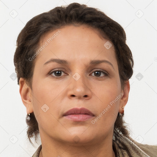 Neutral white young-adult female with short  brown hair and brown eyes