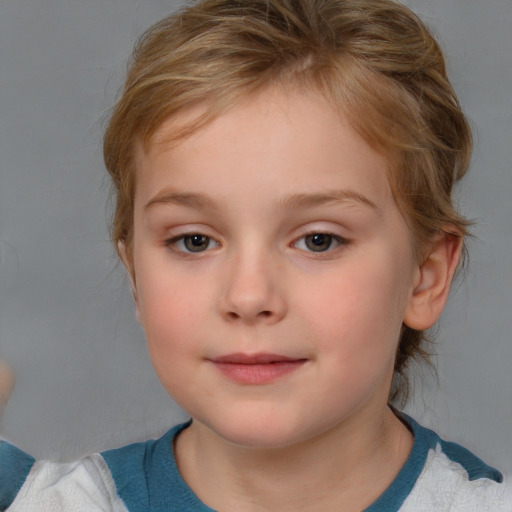 Neutral white child female with medium  brown hair and blue eyes