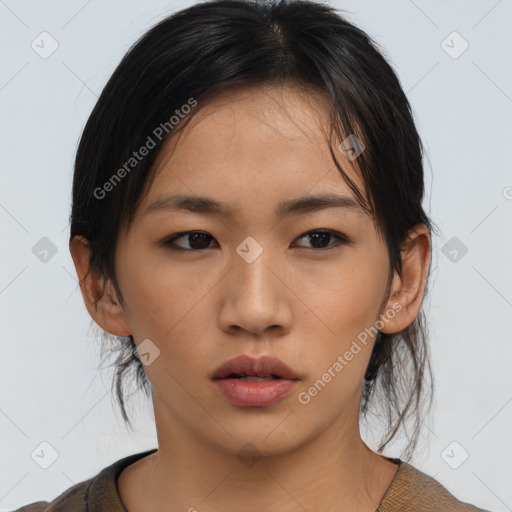 Neutral asian young-adult female with medium  brown hair and brown eyes