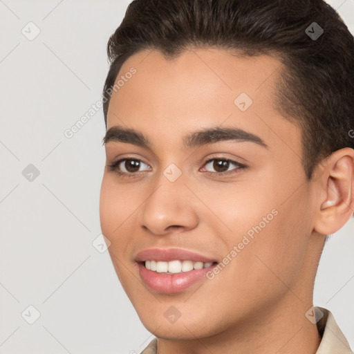 Joyful white young-adult female with short  brown hair and brown eyes