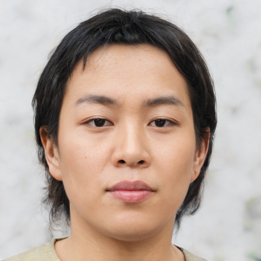 Neutral asian young-adult female with medium  brown hair and brown eyes