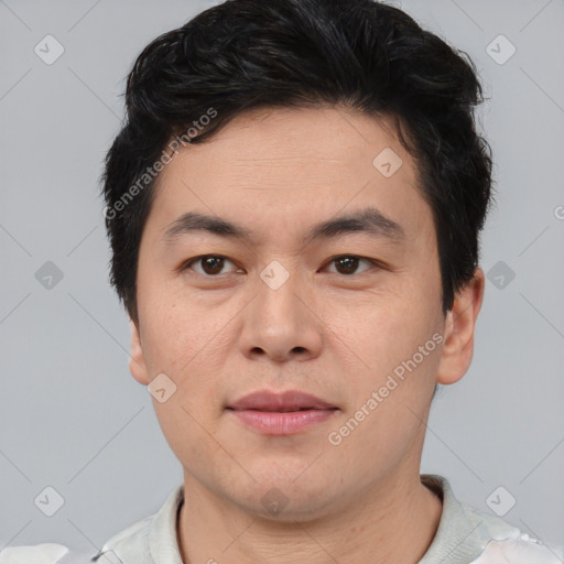 Neutral asian young-adult male with short  brown hair and brown eyes