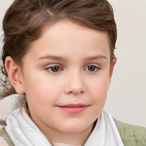 Joyful white child female with short  brown hair and brown eyes