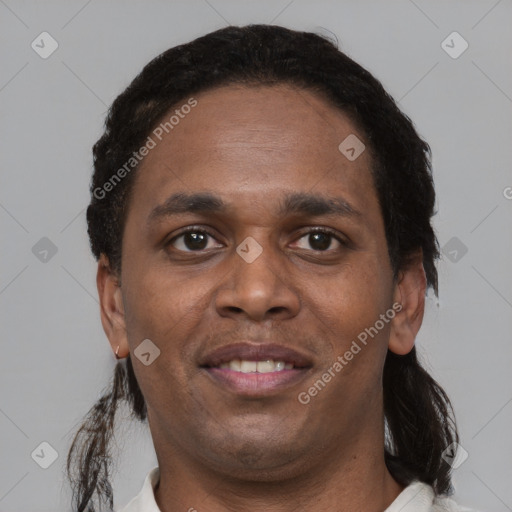 Neutral black young-adult male with short  black hair and brown eyes