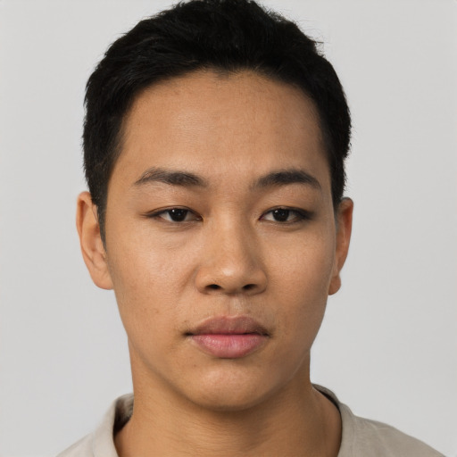 Neutral white young-adult female with short  black hair and brown eyes