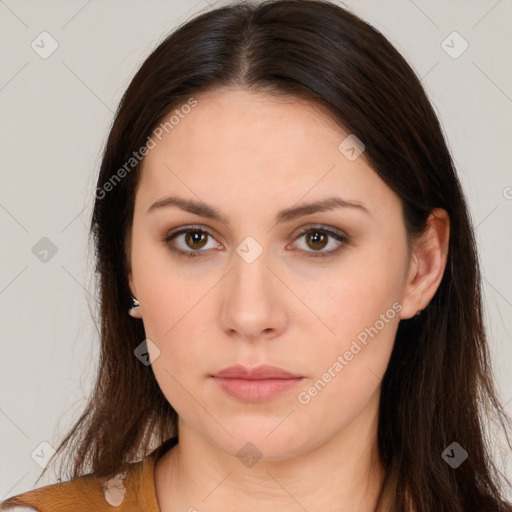 Neutral white young-adult female with long  brown hair and brown eyes