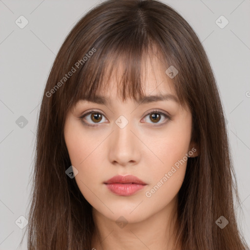 Neutral white young-adult female with long  brown hair and brown eyes