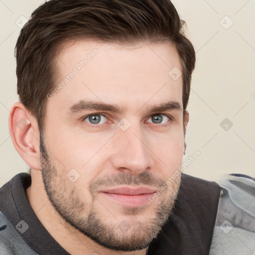 Neutral white young-adult male with short  brown hair and grey eyes