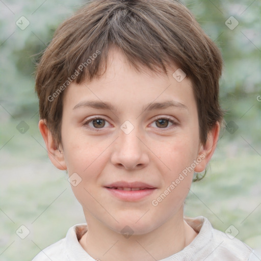 Joyful white child male with short  brown hair and brown eyes