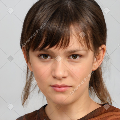 Neutral white young-adult female with medium  brown hair and brown eyes