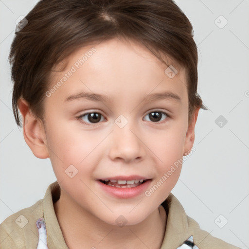 Joyful white child female with short  brown hair and brown eyes