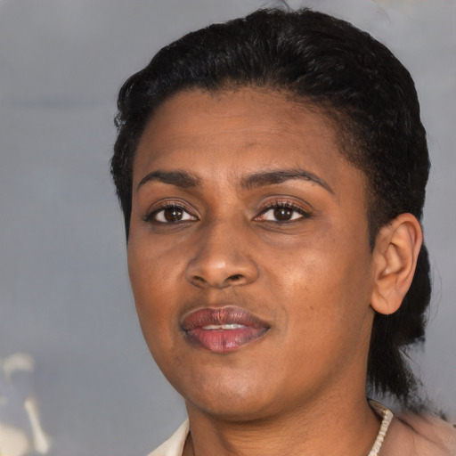Joyful black young-adult female with short  black hair and brown eyes