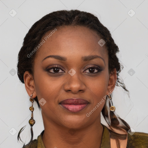 Joyful black young-adult female with long  brown hair and brown eyes