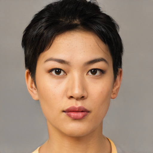 Neutral asian young-adult female with short  black hair and brown eyes