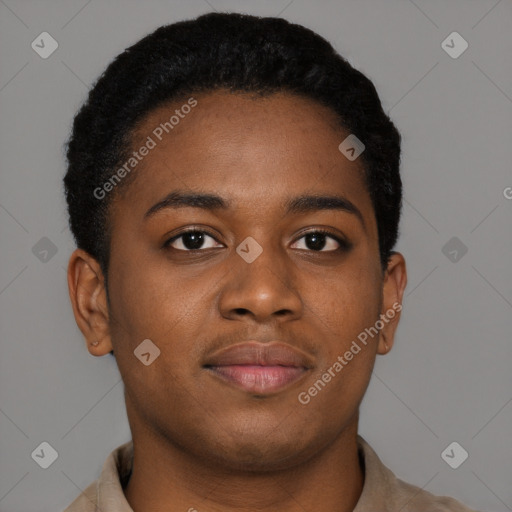Joyful black young-adult male with short  brown hair and brown eyes